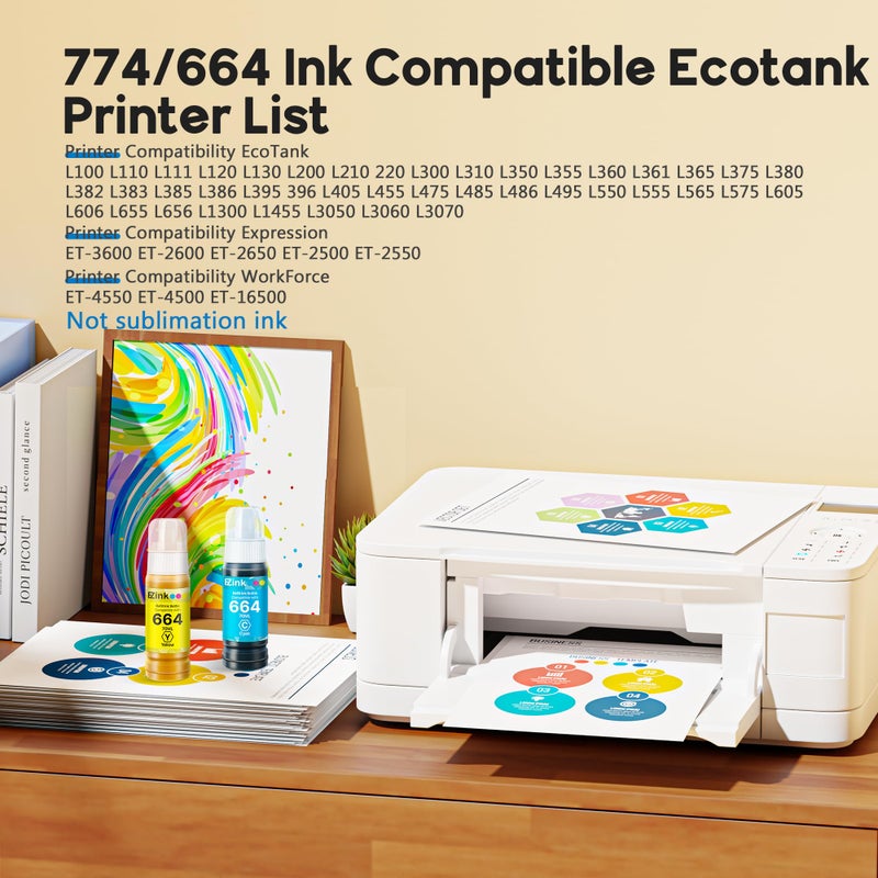 E-Z Ink Remanufactured 774 664 Ink Refill Bottles Replacement for Epson 664 Ink Refill Bottles T774 for L100 ET-3600 ET-2650 ET-4550 ET-16500 ET-4500 ET-2550 ET-2600(Black Cyan Magenta Yellow,4 Pack) - Image 2